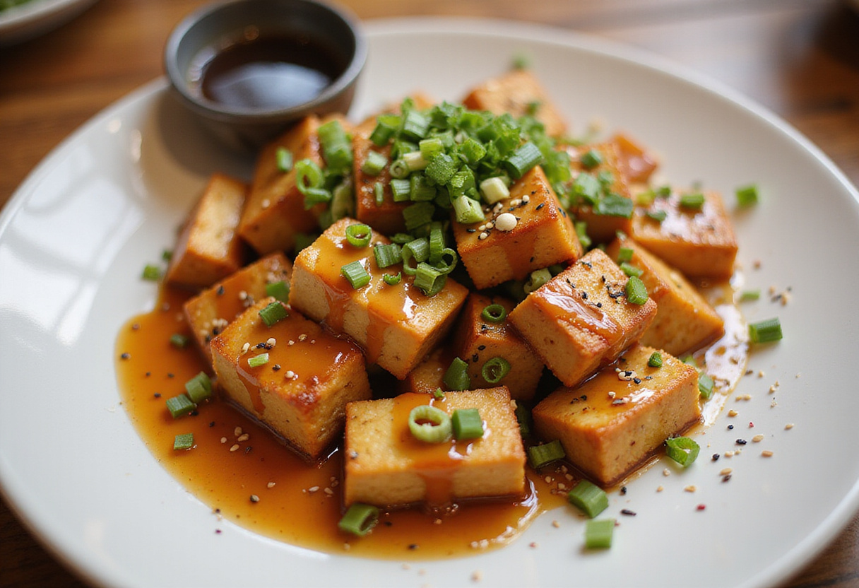 Garnishing Crispy Honey Garlic Tofu, showcasing the final touches that enhance flavors and presentation, ready to serve.