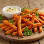 Delicious crispy oven baked sweet potato fries served on a plate with herbs and dipping sauce, showcasing the perfect side dish.