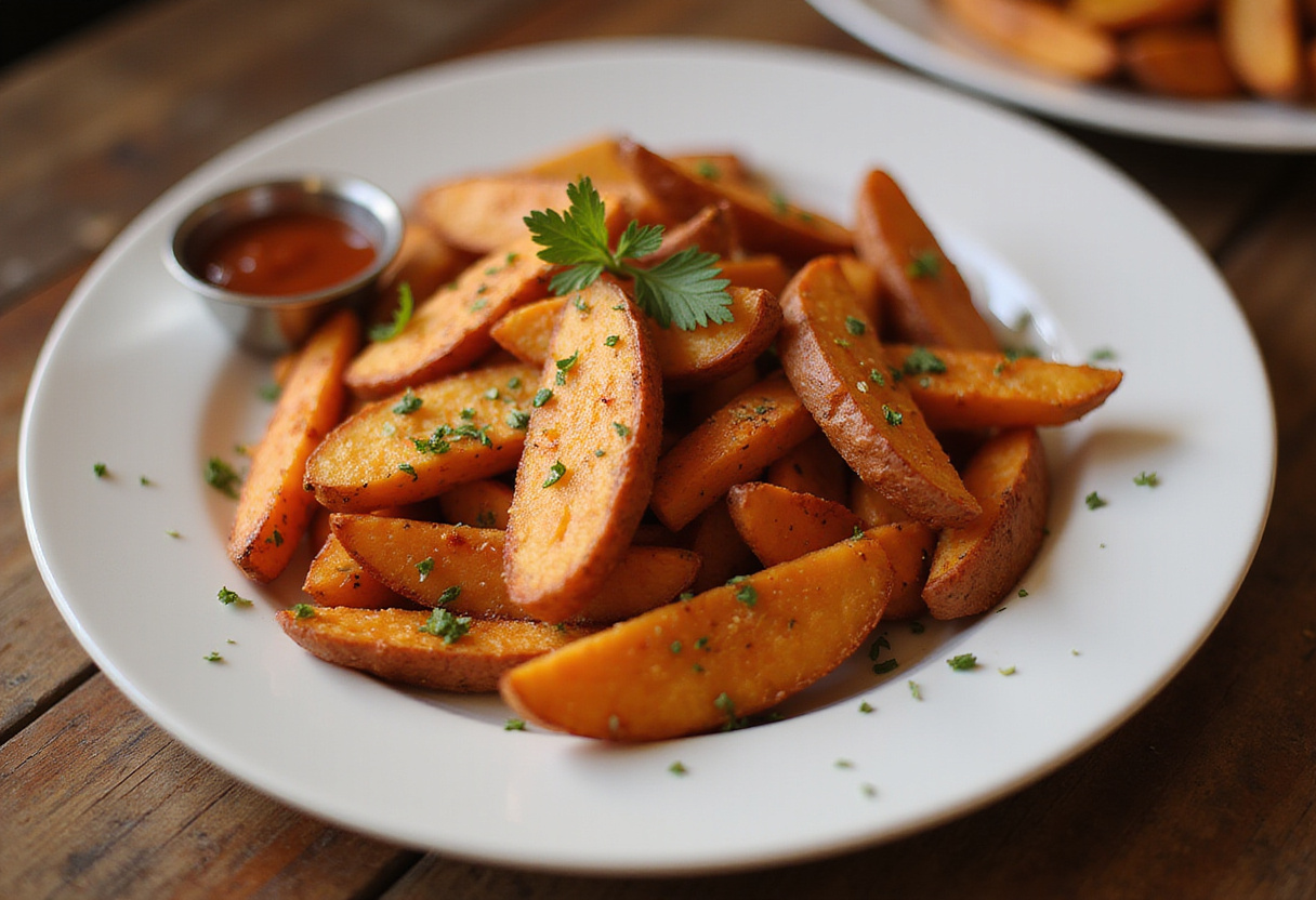 Delicious crispy oven baked sweet potato fries served on a plate with herbs and dipping sauce, showcasing the perfect side dish.