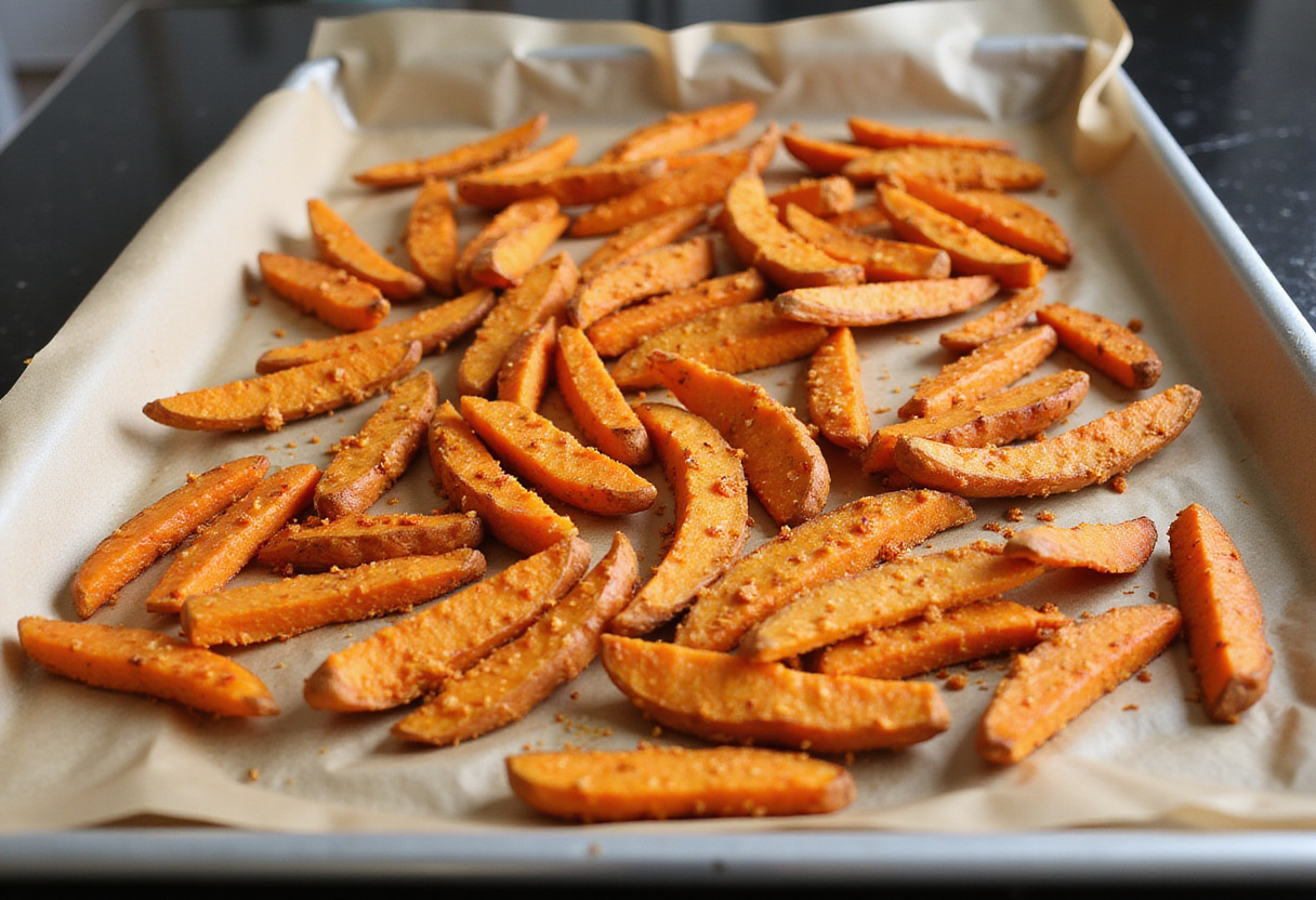 Arranging sweet potato fries on a baking sheet, key step for achieving delicious crispy oven baked sweet potato fries.