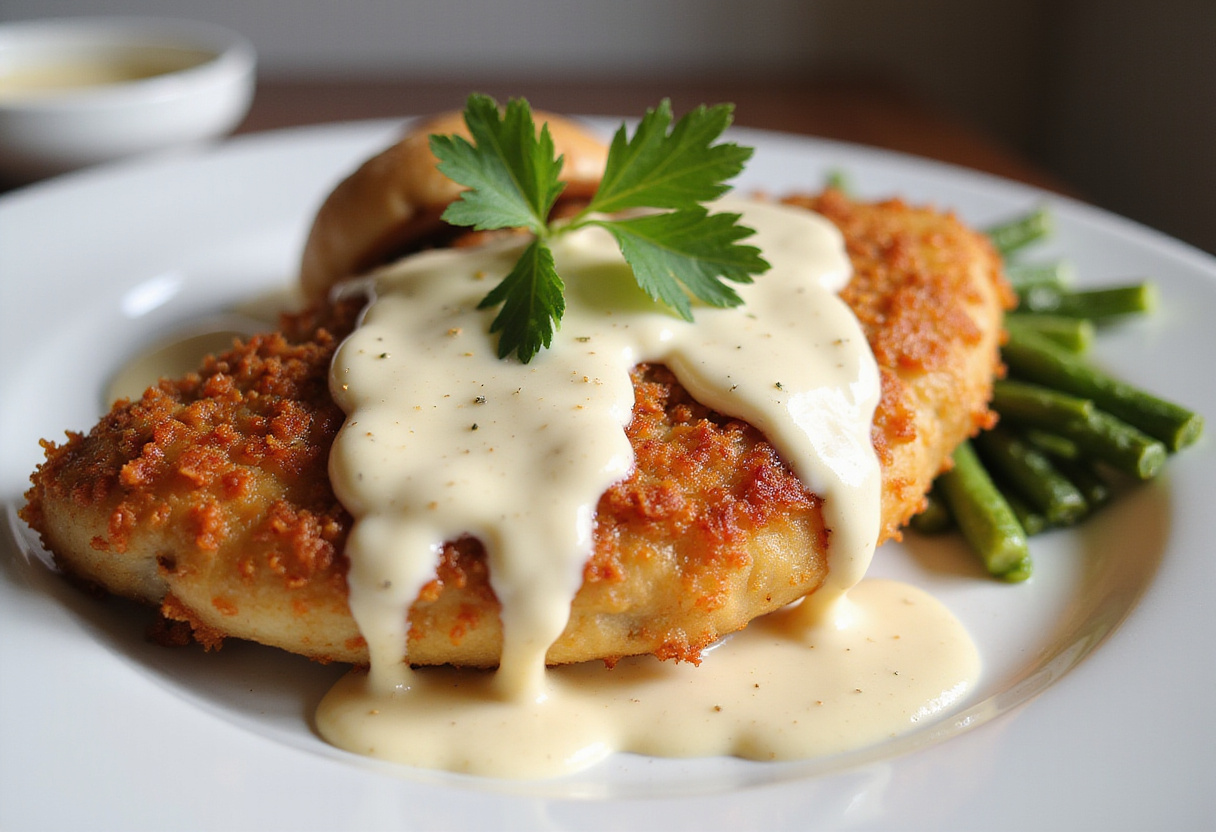 Final presentation of crispy Parmesan chicken with dreamy garlic cream sauce, showcasing a delicious and elegant meal.