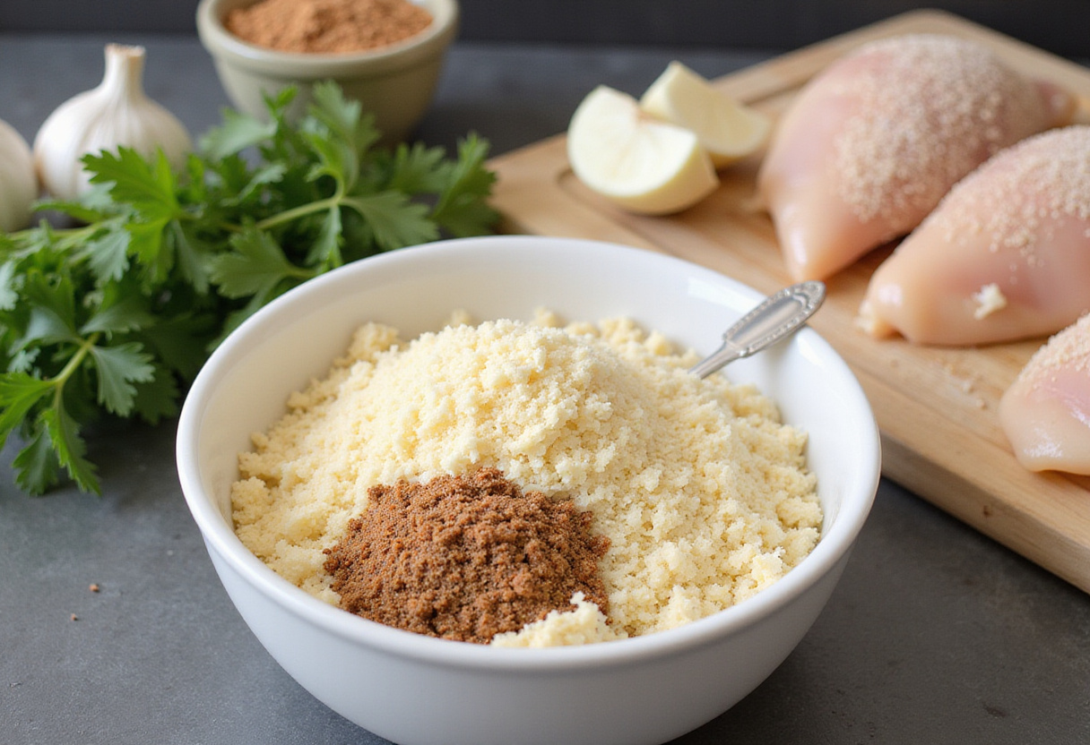 Preparation of crispy Parmesan chicken, mixing parmesan cheese and breadcrumbs for a crunchy coating.