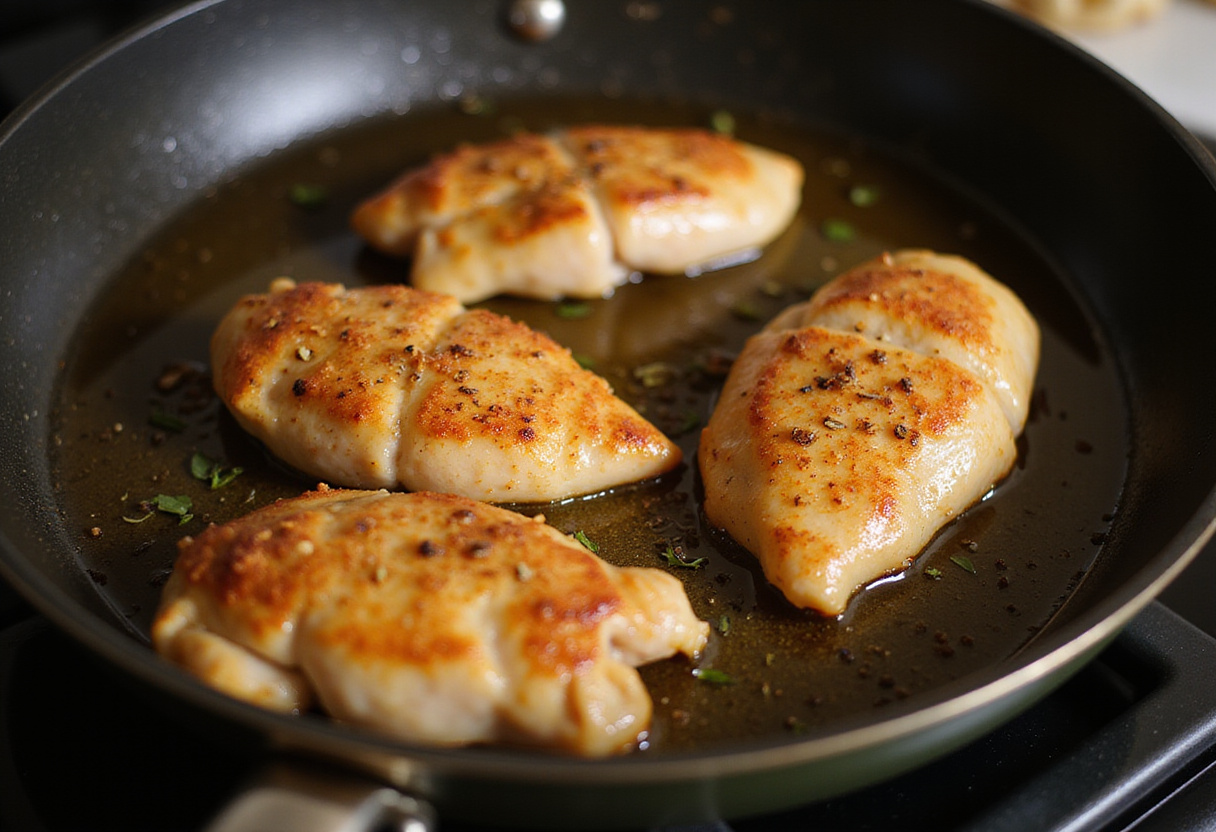 Frying crispy Parmesan chicken in a skillet, achieving a perfect golden brown crust to enhance flavor.