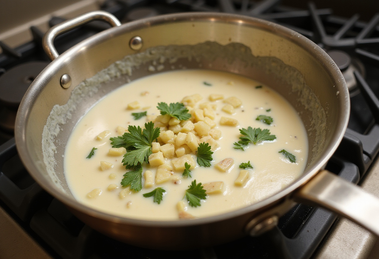 Making a dreamy garlic cream sauce for crispy Parmesan chicken, blending fresh garlic with cream for a flavorful topping.