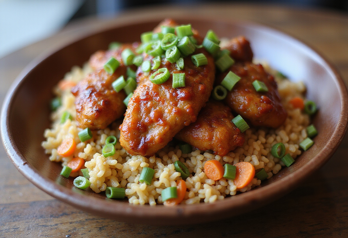 Final presentation of Crispy Saucy Chicken with Vegetable Fried Rice, highlighting vibrant colors and garnishes for an appetizing look.