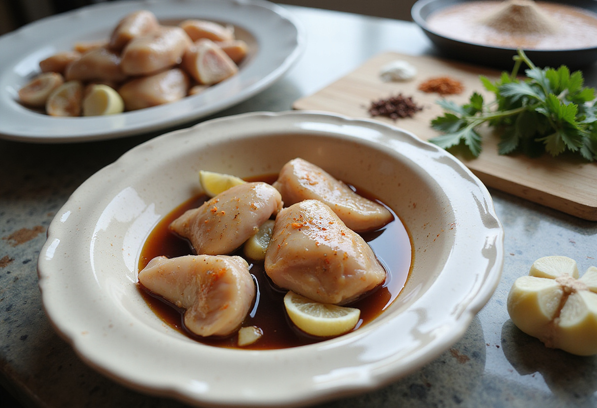 Crispy Saucy Chicken preparation with marinated chicken in soy sauce and garlic alongside fresh herbs.
