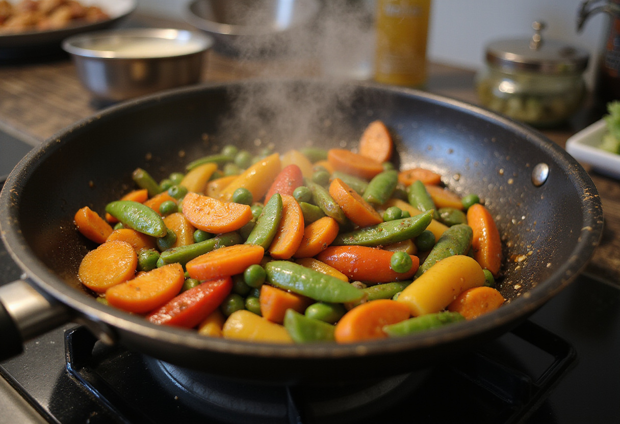 Vegetable Fried Rice being prepared with sautéed colorful vegetables mixed with soy sauce in a hot skillet.