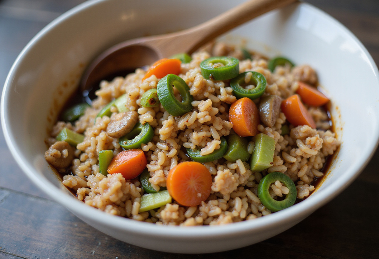 Combining fried rice with sautéed vegetables and sauce for Crispy Saucy Chicken dish, emphasizing vibrant colors and textures.