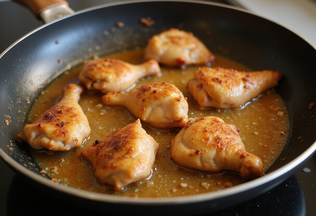 Crispy Saucy Chicken frying to perfection in a pan, showcasing the golden brown color and sauce bubbling around the meat.