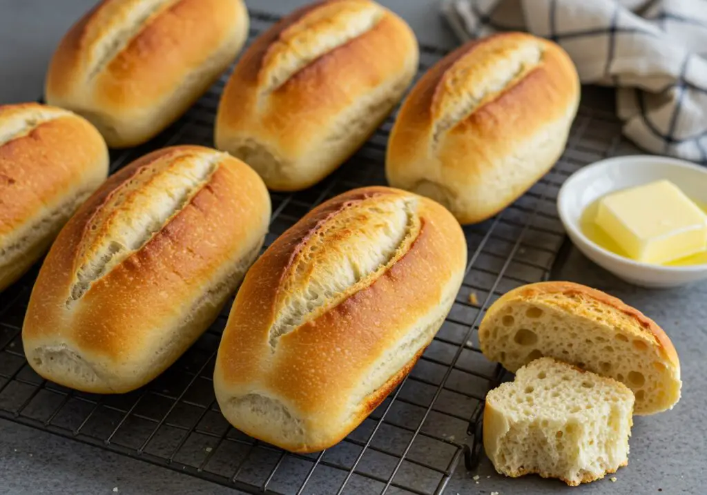 Golden brown crusty chewy French bread rolls on a wire rack, showcasing the final delicious product of homemade bread baking.