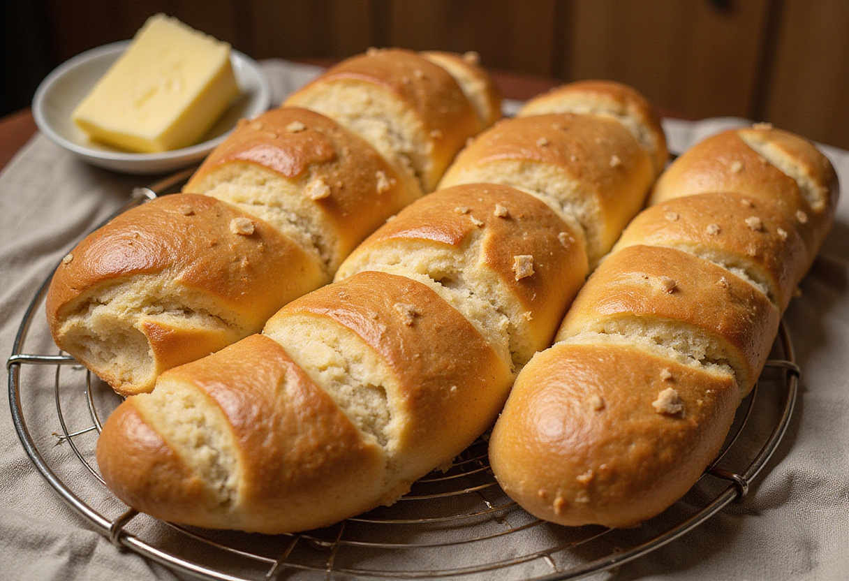 Golden brown crusty chewy French bread rolls on a wire rack, showcasing the final delicious product of homemade bread baking.