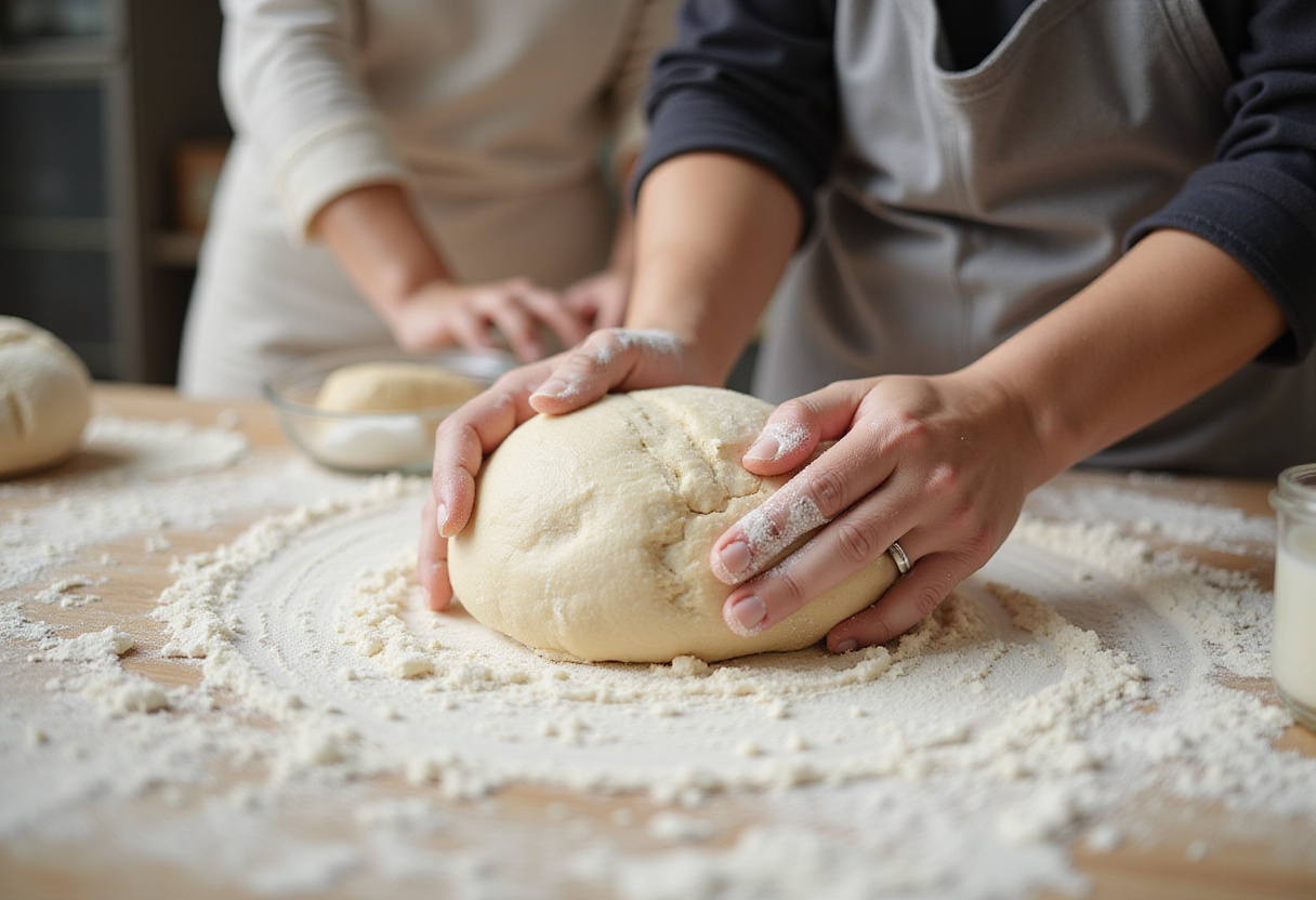 Kneading dough for crusty chewy French bread rolls, showcasing the essential step in achieving the perfect bread texture.