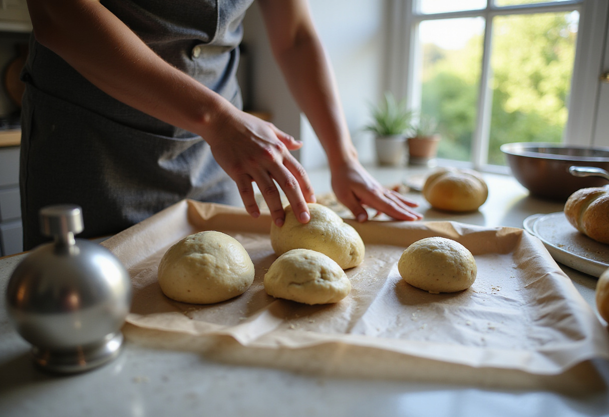 Shaping dough into rolls for crusty chewy French bread, emphasizing the rising process essential for baking.