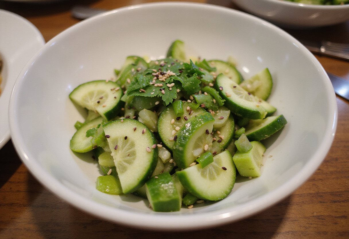 Serving a refreshing cucumber and green onion salad, artfully presented and garnished, perfect for a healthy meal or side dish.