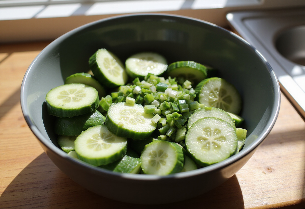 Fresh cucumbers and green onions prepared for a refreshing salad, showcasing vibrant colors and healthy ingredients.