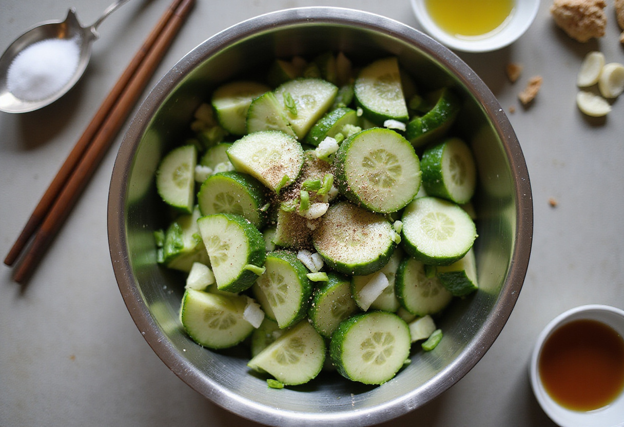 Mixing fresh cucumbers and green onions with olive oil and vinegar for a delicious salad, representing healthy cooking techniques.