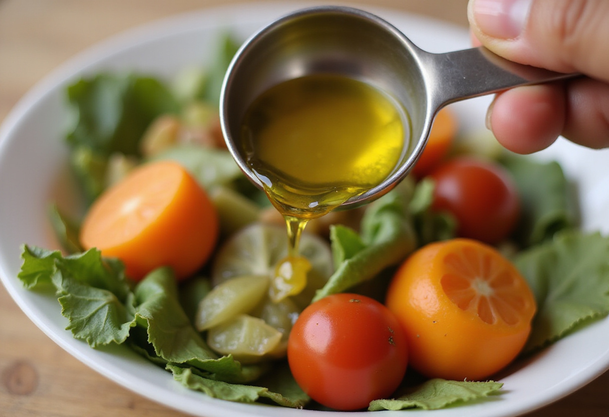 Adding olive oil and vinegar to a cucumber and green onion salad, emphasizing the freshness and zest of the ingredients.