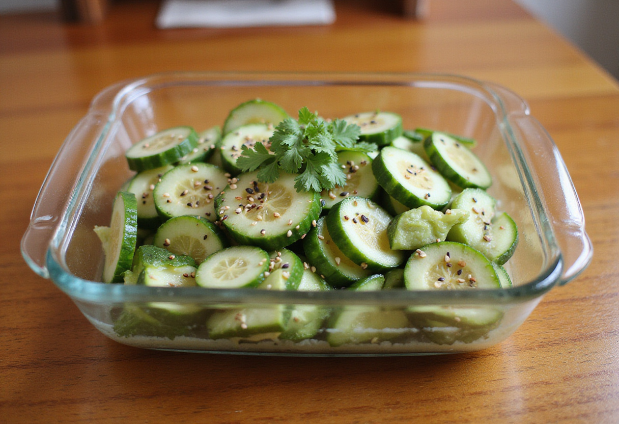 Vibrant Cucumber Salad in a glass dish, beautifully garnished for a fresh and appetizing presentation, highlighting Din Tai Fung style.