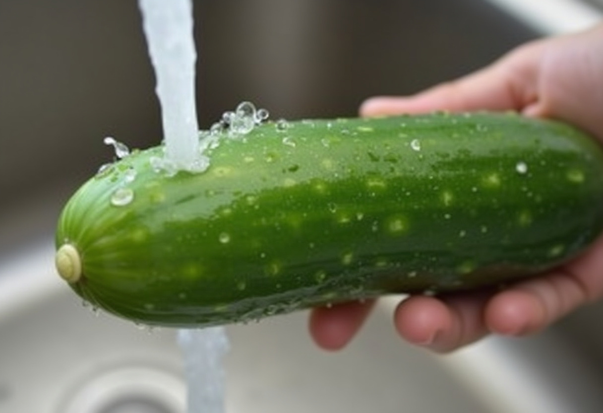 Fresh cucumber being washed for Cucumber Salad, showcasing its bright color and texture in a clean kitchen environment.