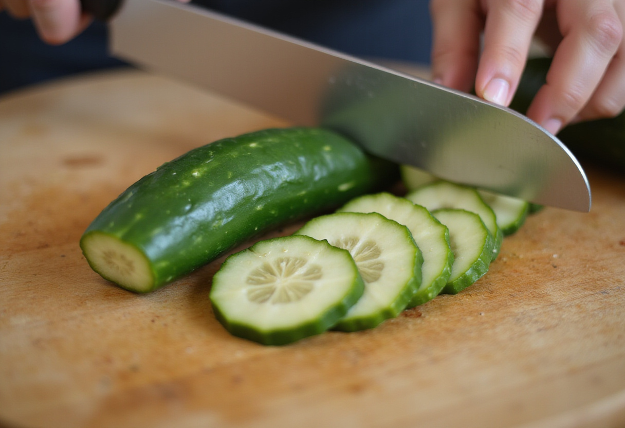Sliced cucumbers on a wooden cutting board for Cucumber Salad, capturing the precision and freshness of the ingredients.