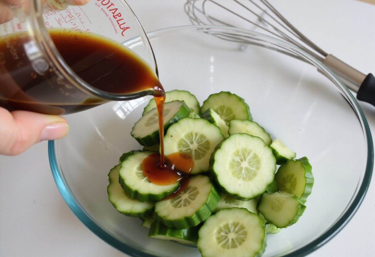 Dressing the sliced cucumbers with a flavorful soy-based mixture for Cucumber Salad, highlighting the blend of ingredients in a clear bowl.