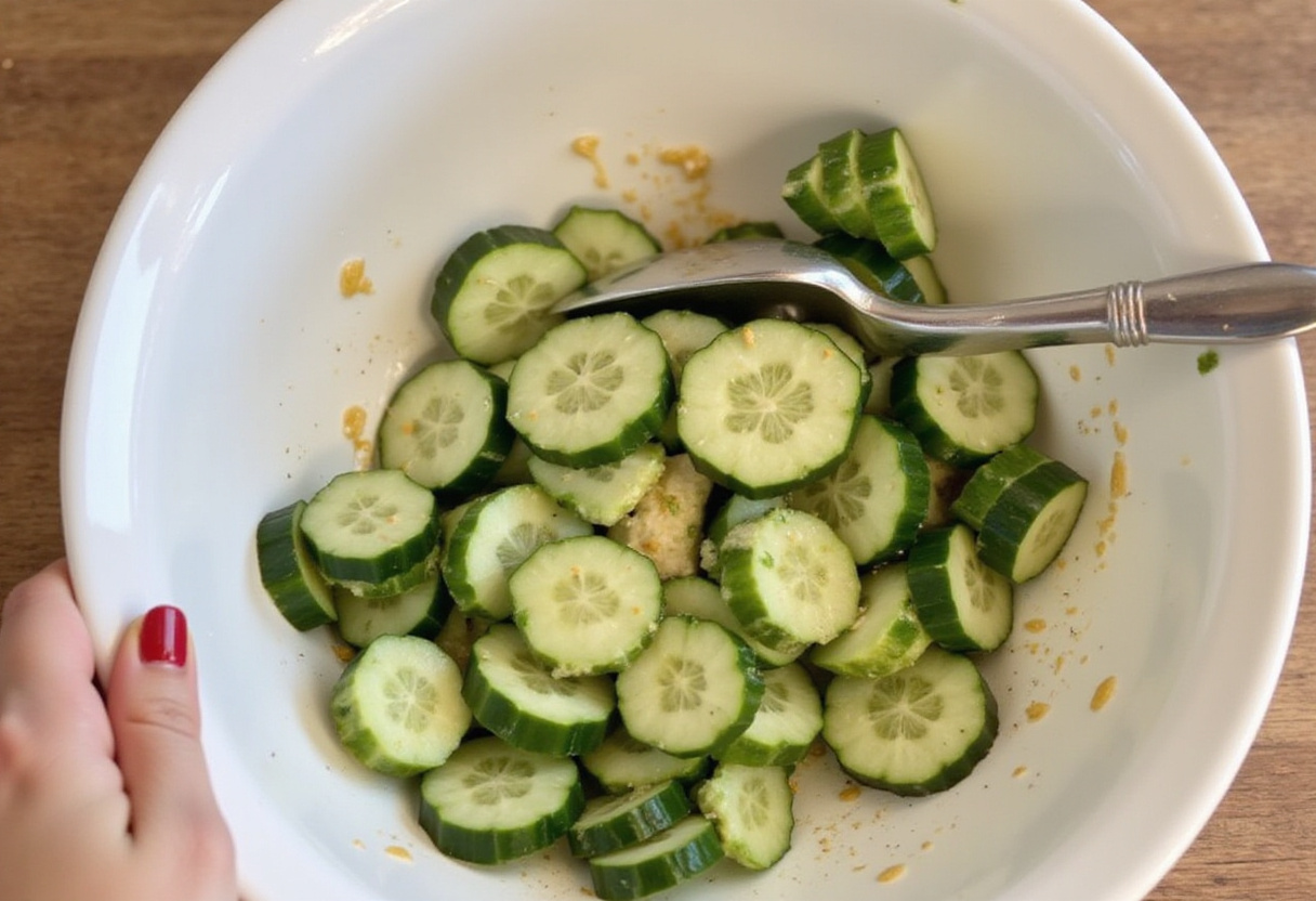 Tossing cucumber slices with dressing to create a delicious Cucumber Salad, emphasizing the mix of fresh ingredients in a mixing bowl.