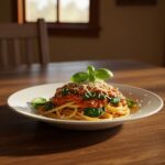 Delicious spinach tomato pasta plated and garnished, showcasing the vibrant colors and fresh ingredients, perfect for an inviting meal presentation.