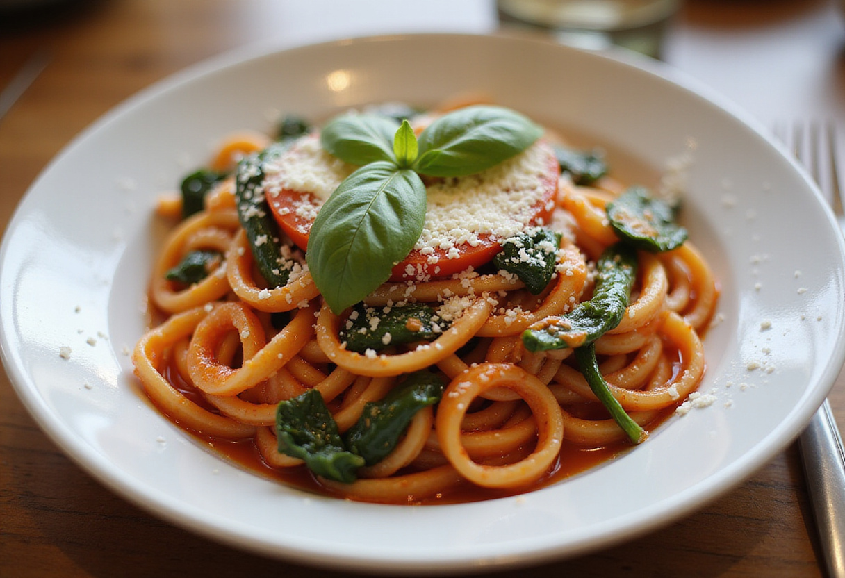 Delicious spinach tomato pasta plated and garnished, showcasing the vibrant colors and fresh ingredients, perfect for an inviting meal presentation.