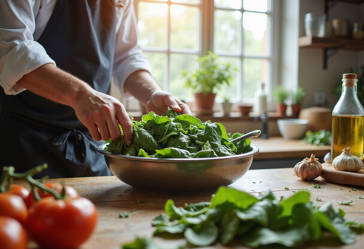 Fresh spinach being washed for delicious spinach tomato pasta recipe, showcasing vibrant greens and fresh ingredients in a bright kitchen.