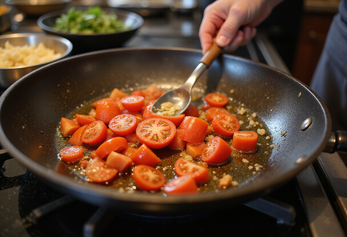Cooking diced tomatoes and minced garlic in olive oil for spinach tomato pasta, capturing the sizzling action and inviting aroma in a cozy kitchen.