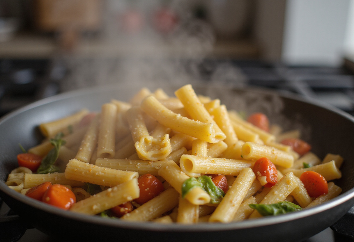 Boiling pasta for delicious spinach tomato dish, showcasing steam rising and a perfectly cooked pot of pasta ready to be mixed with fresh vegetables.