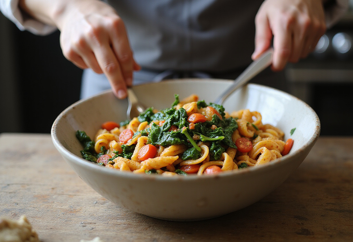 Mixing sautéed spinach and tomatoes with pasta in a large bowl, capturing the vibrant colors and textures for a delicious spinach tomato pasta dish.