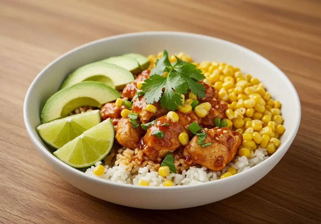 Final presentation of a delicious street corn chicken rice bowl with vibrant colors and textures, perfect for enjoying.