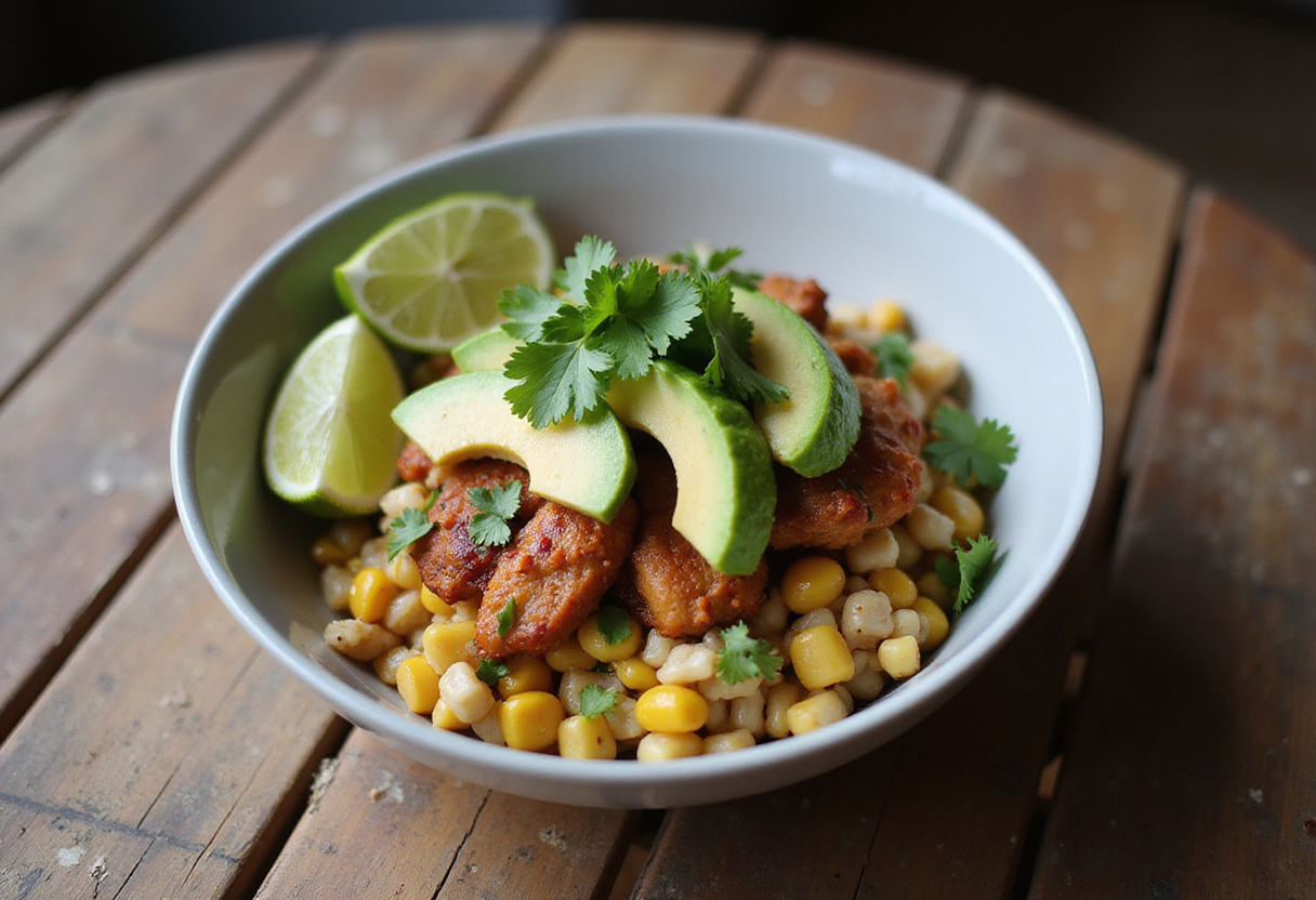Final presentation of a delicious street corn chicken rice bowl with vibrant colors and textures, perfect for enjoying.