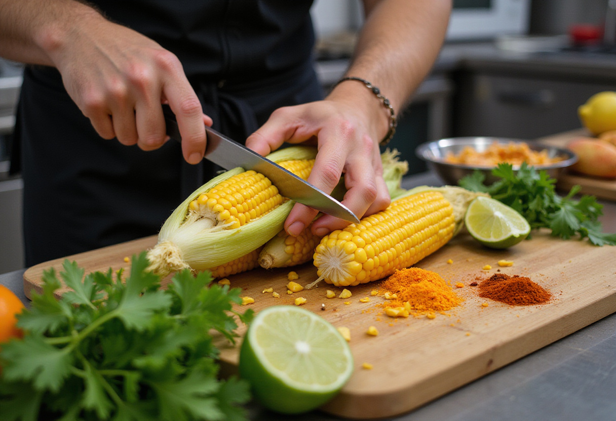 Street corn preparation for a delicious street corn chicken rice bowl with fresh ingredients.