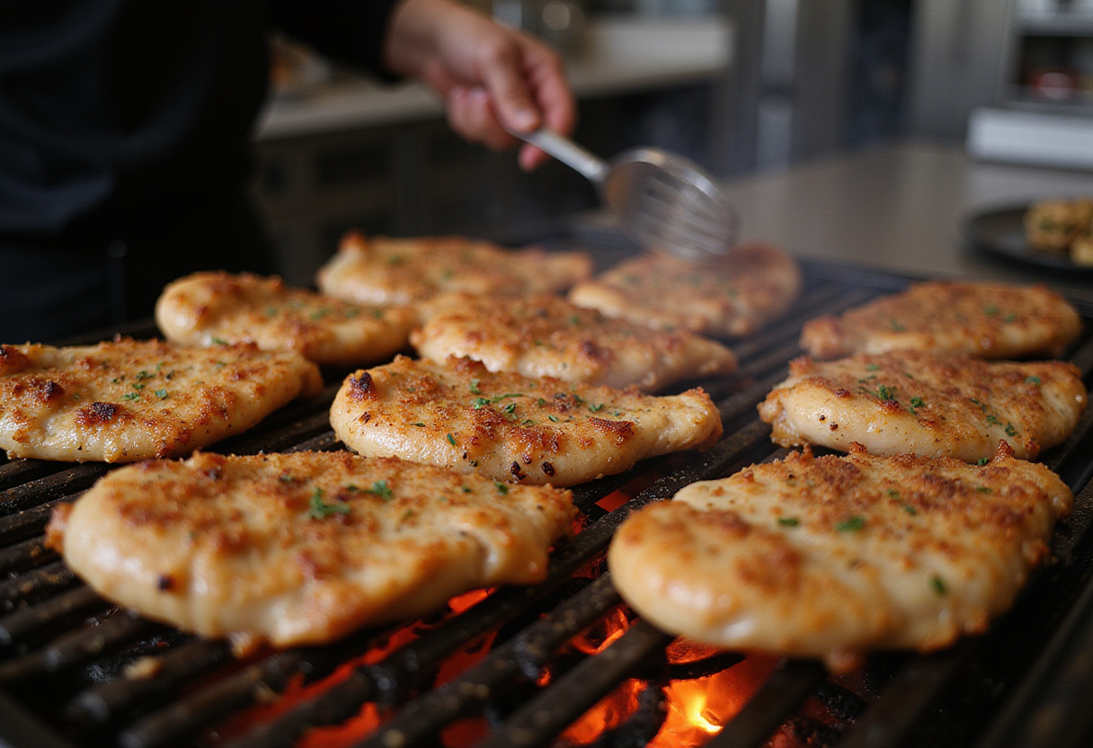 Grilling marinated chicken for a flavorful street corn chicken rice bowl, highlighting cooking techniques.