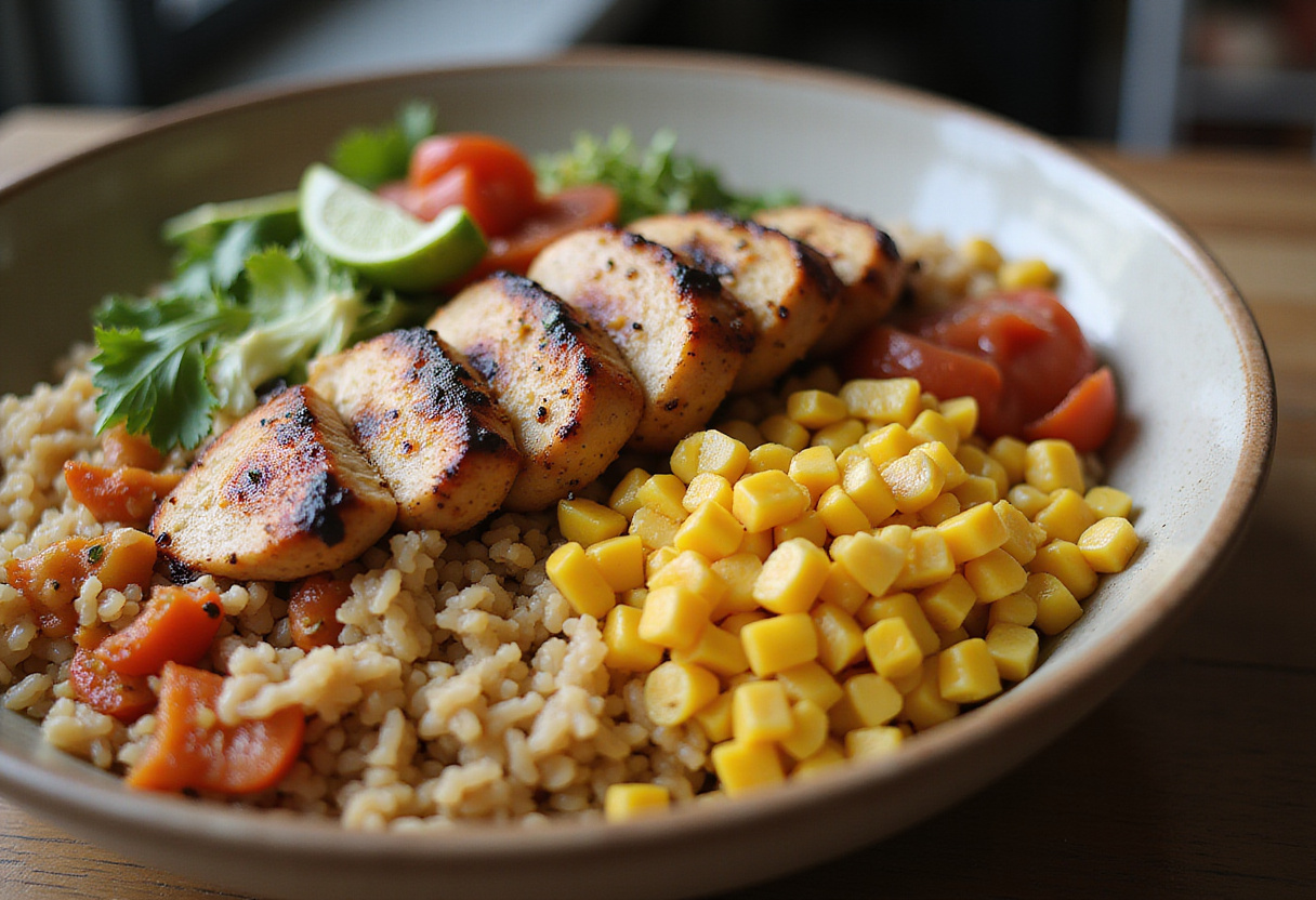Assembling a colorful street corn chicken rice bowl with grilled chicken, corn, and rice, showcasing a delicious presentation.