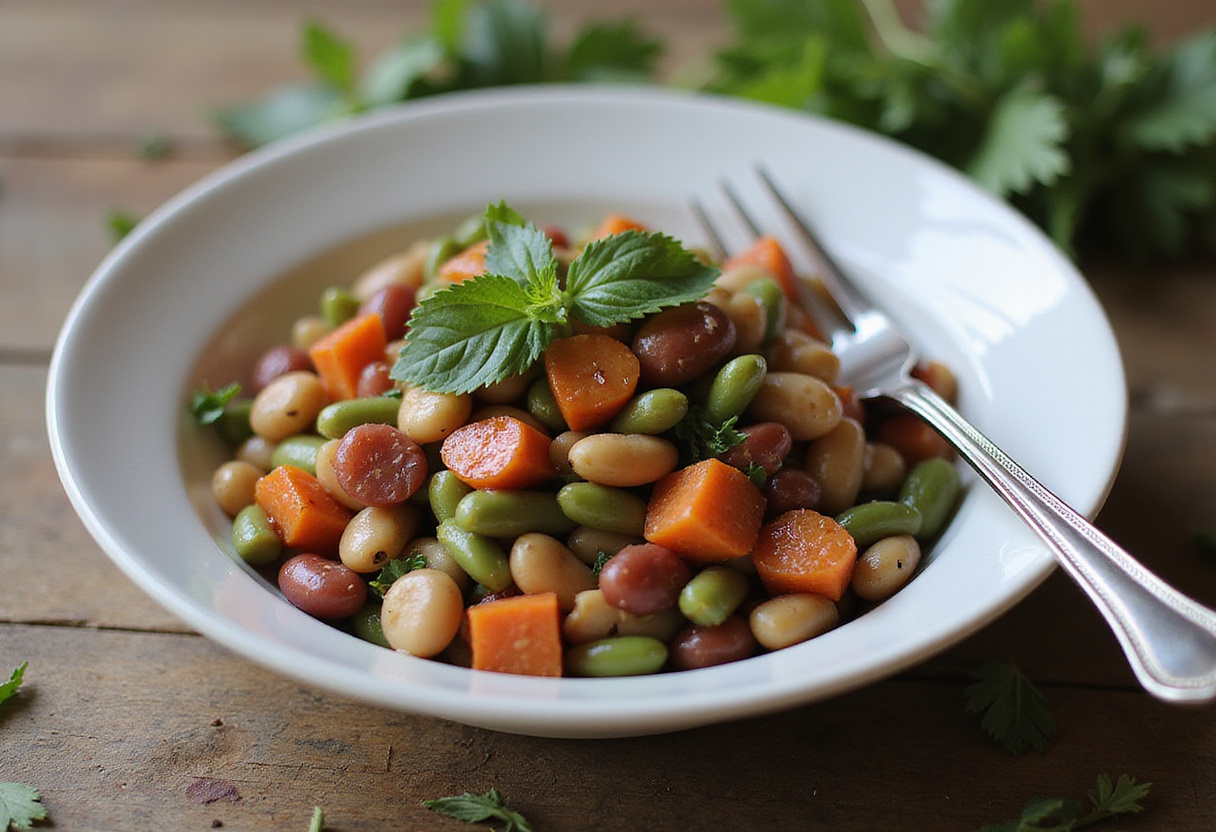 Deliciously presented Dense Bean Salad, ready to be served, featuring a colorful blend of beans and fresh vegetables in a rustic setting.