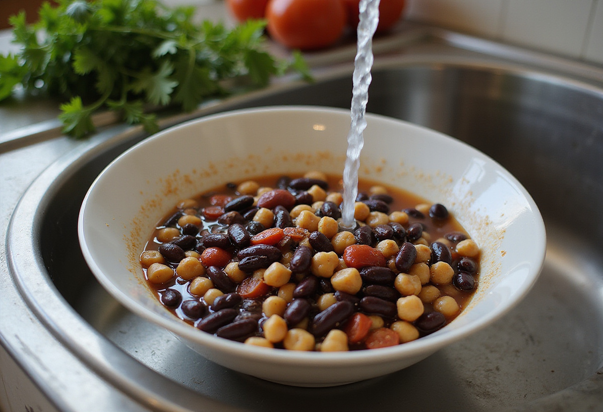 Preparing ingredients for Dense Bean Salad, including rinsed black beans, kidney beans, and chickpeas in a clean kitchen.