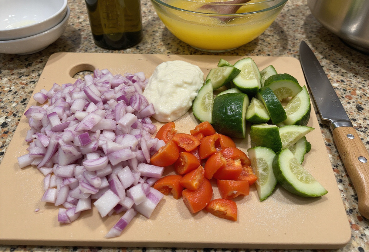 Chopping vegetables for a fresh Dense Bean Salad, showcasing the vibrant colors of red onion, bell peppers, and cucumbers amidst a cooking setup.