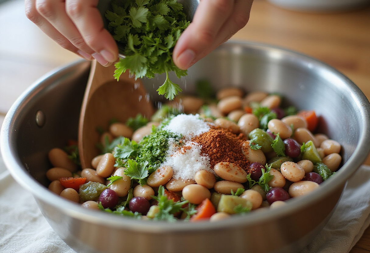 Seasoning a Dense Bean Salad with fresh cilantro and spices, highlighting the colorful ingredients before they are combined.