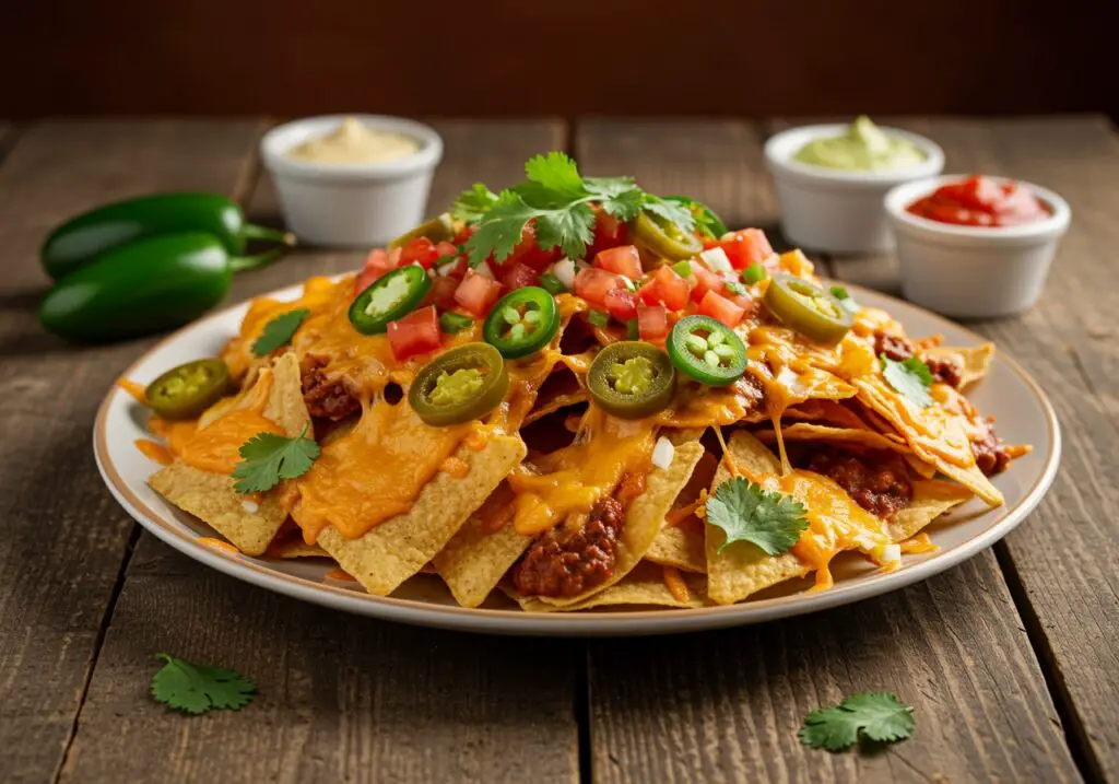 Deliciously stacked Dumpster Fire Nachos covered in cheese, jalapeños, and garnished with cilantro, served on a rustic wooden table.