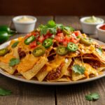 Deliciously stacked Dumpster Fire Nachos covered in cheese, jalapeños, and garnished with cilantro, served on a rustic wooden table.