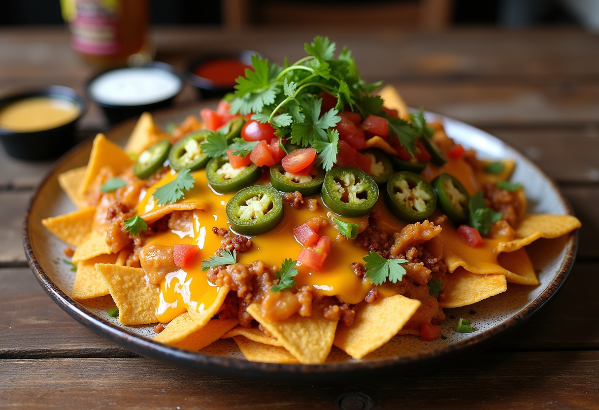 Deliciously stacked Dumpster Fire Nachos covered in cheese, jalapeños, and garnished with cilantro, served on a rustic wooden table.