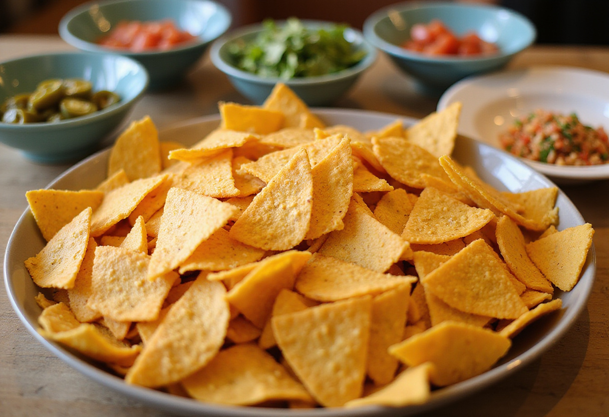Crispy tortilla chips for Dumpster Fire Nachos with colorful toppings like jalapeños, tomatoes, and cilantro.