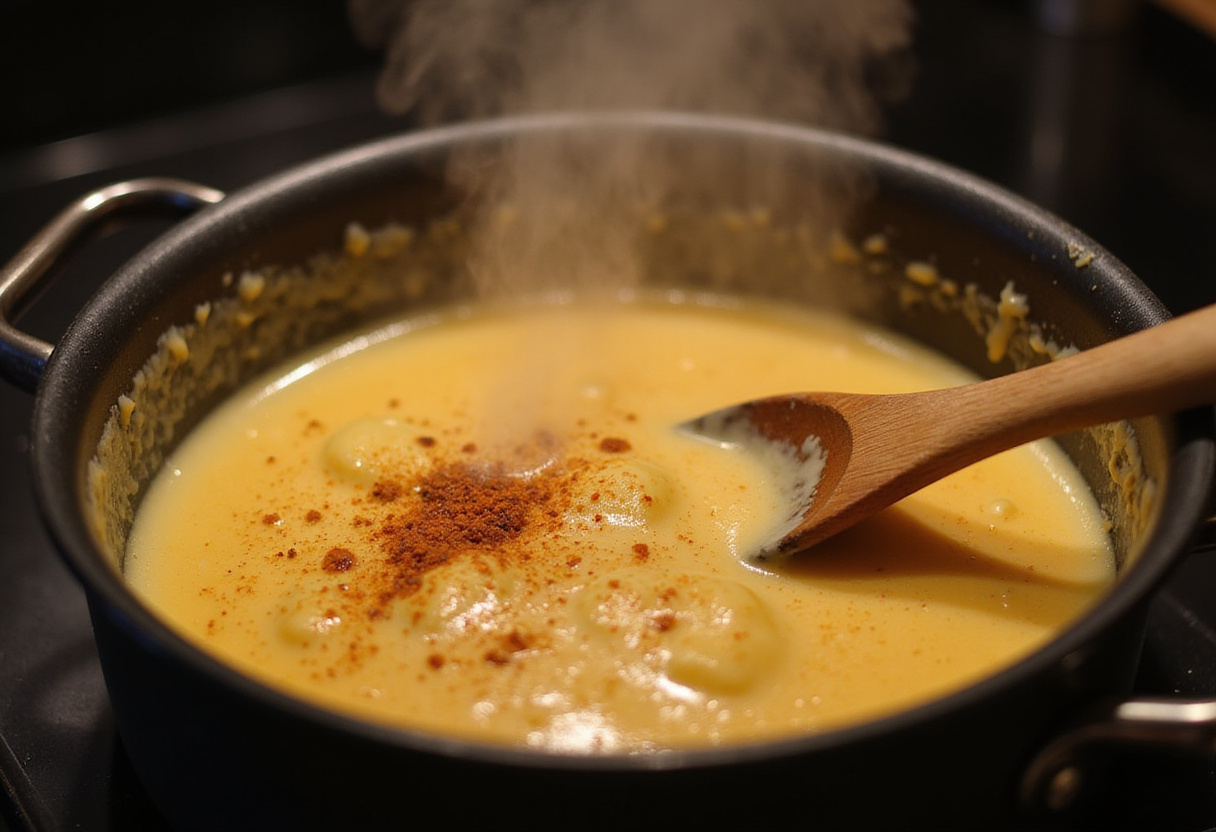Melted cheese mixture for Dumpster Fire Nachos, simmering on the stove with steam rising and a rich creamy texture.