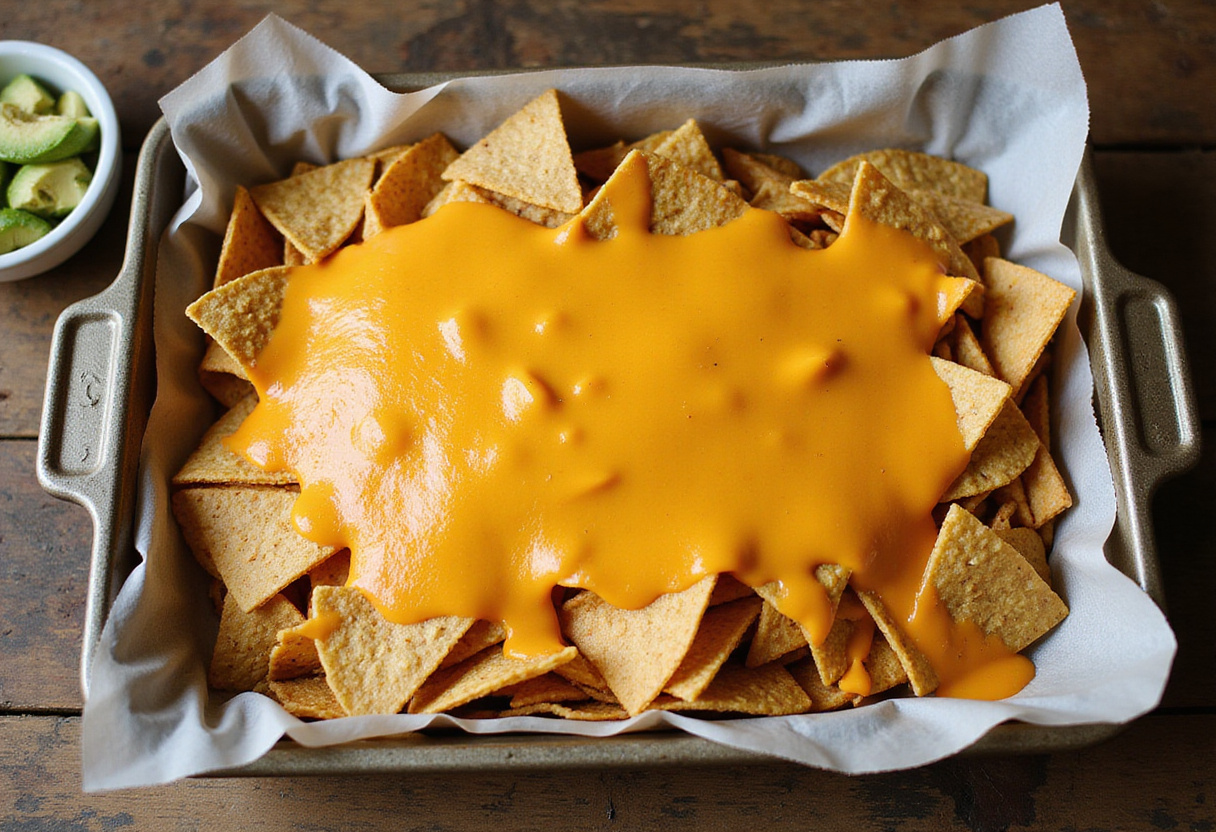 Adding melted cheese to the tortilla chips for Dumpster Fire Nachos, showcasing a delicious layer of toppings with sliced avocados nearby.