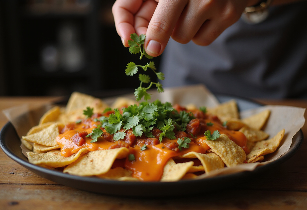Garnishing Dumpster Fire Nachos with fresh cilantro, creating a delicious presentation ready to serve.