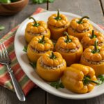 Final presentation of easy stuffed bell peppers, highlighting the delicious meal on a rustic table with fresh herbs.