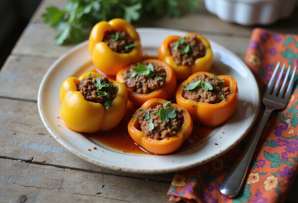 Final presentation of easy stuffed bell peppers, highlighting the delicious meal on a rustic table with fresh herbs.